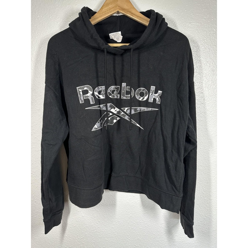 Reebok Hoodie Womens XL Black‎ Cropped Pullover Camo Logo Lightweight Sweatshirt